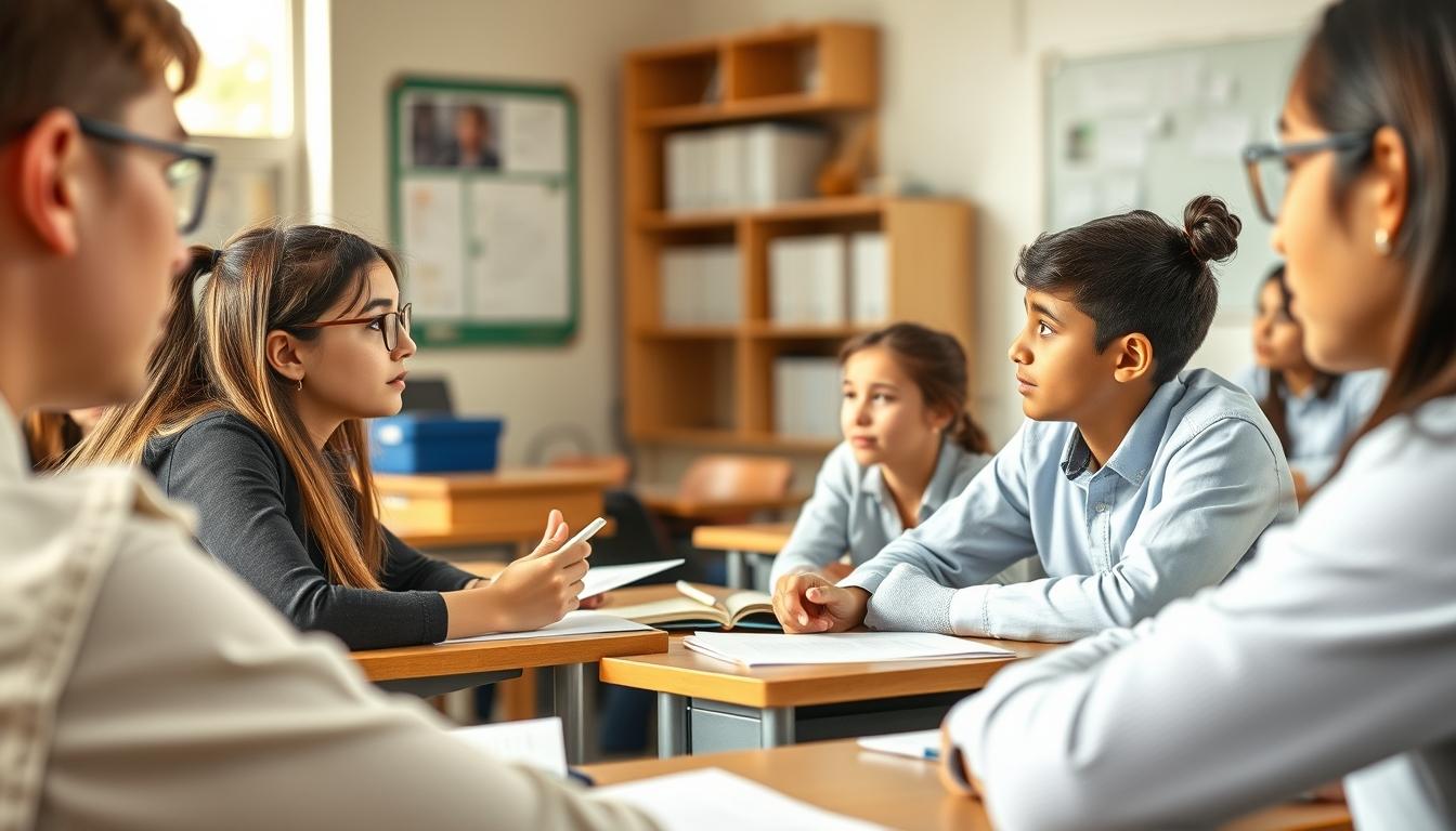 Students studying together in modern classroom